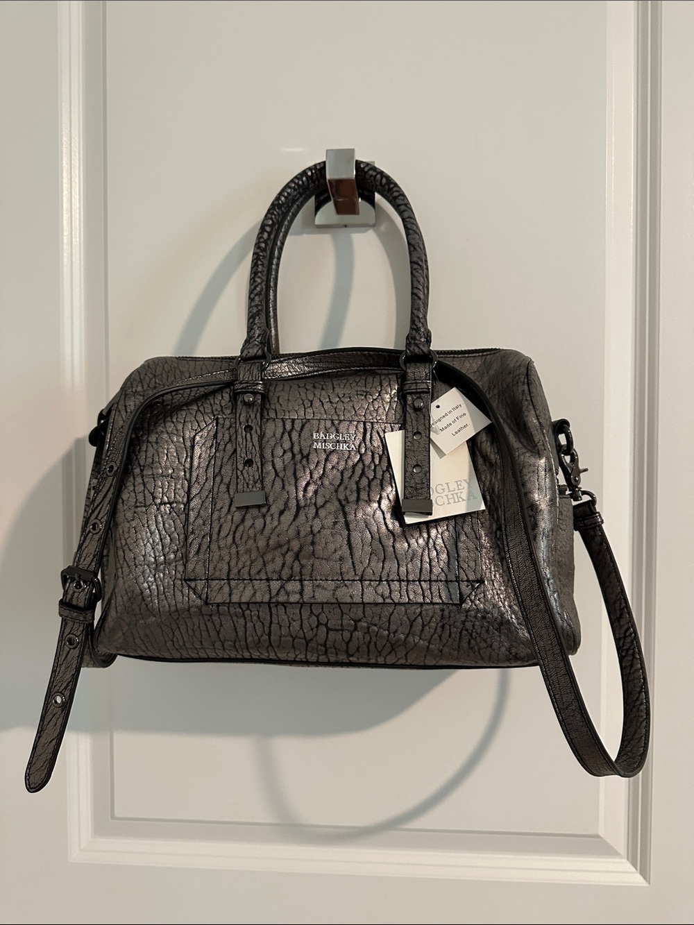 NWT- Badgley Mischka Gunmetal Cracked Leather Satchel with Shoulder Strap